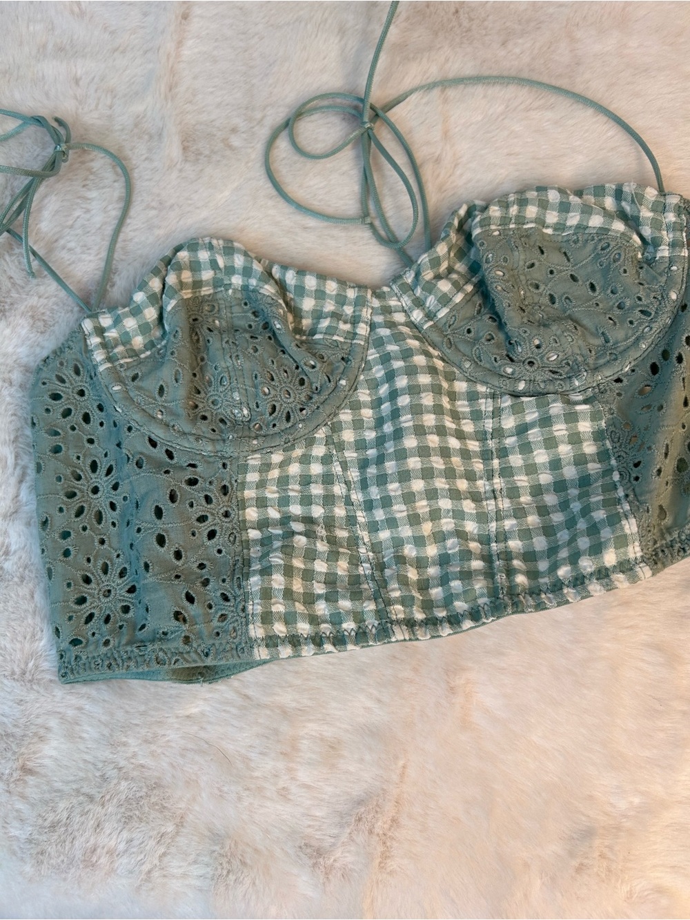 Urban Outfitters Women’s Large Corseted Crop Green White Check Boho Festival 137